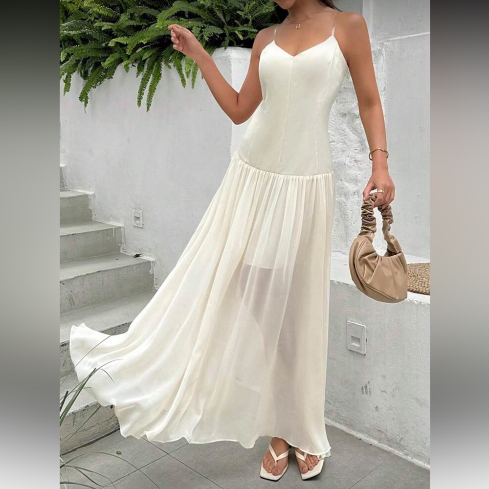 White ivory mesh drop waist clear spaghetti strap maxi flowy dress - Picture 1 of 5